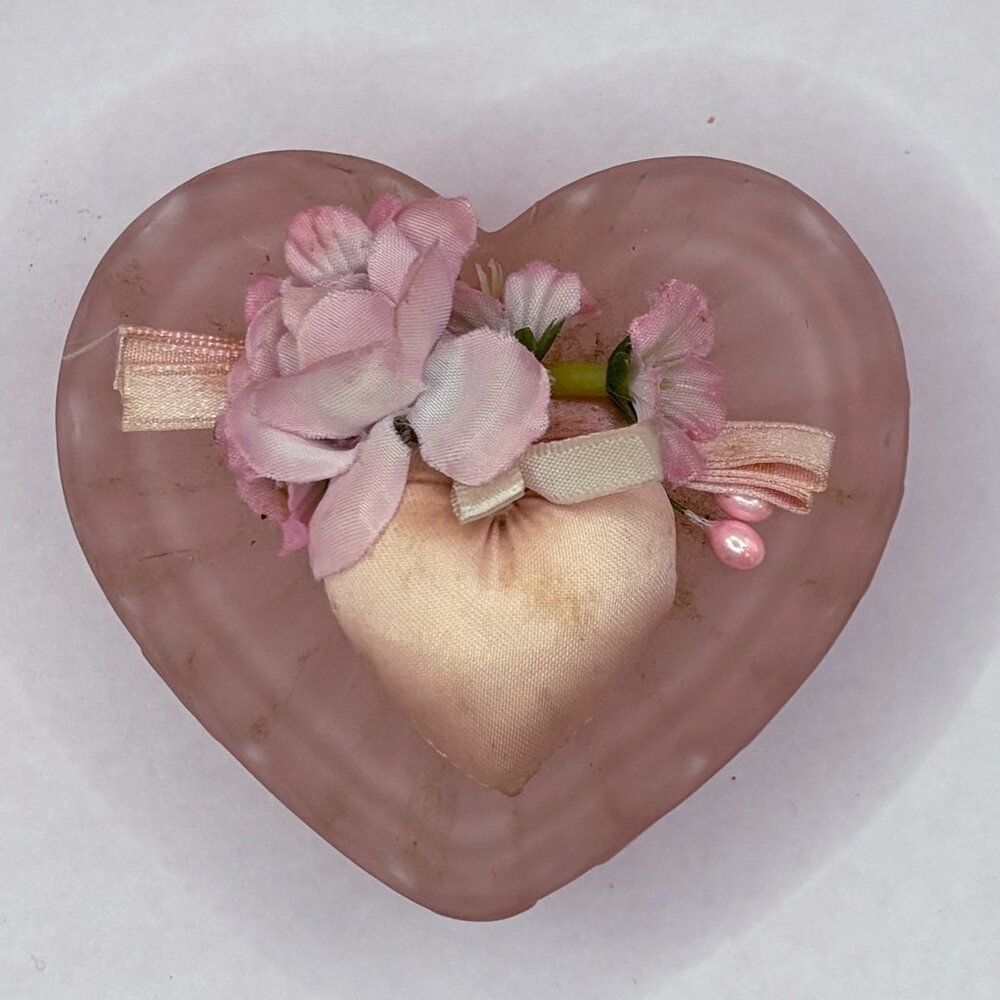 Vintage Frosted Pink Glass Heart Trinket Box